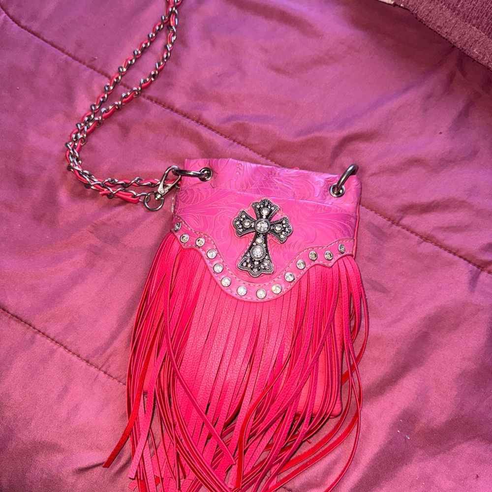 Hot Pink Fringe Crossbody Bag with Silver Accents